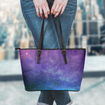 Purple Turquoise Galaxy Space Print Leather Tote Bag