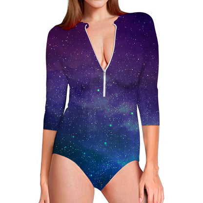 Purple Turquoise Galaxy Space Print Long Sleeve Swimsuit