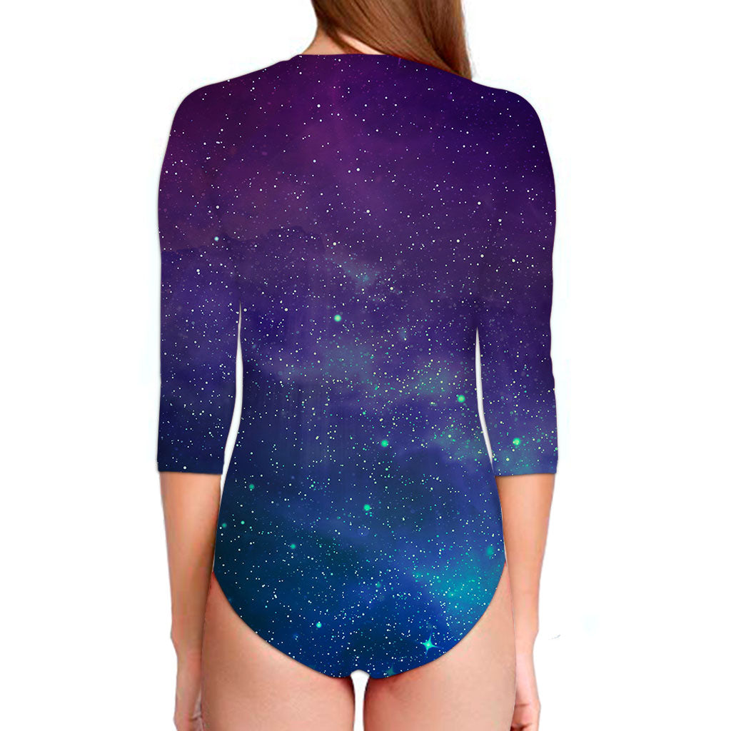 Purple Turquoise Galaxy Space Print Long Sleeve Swimsuit