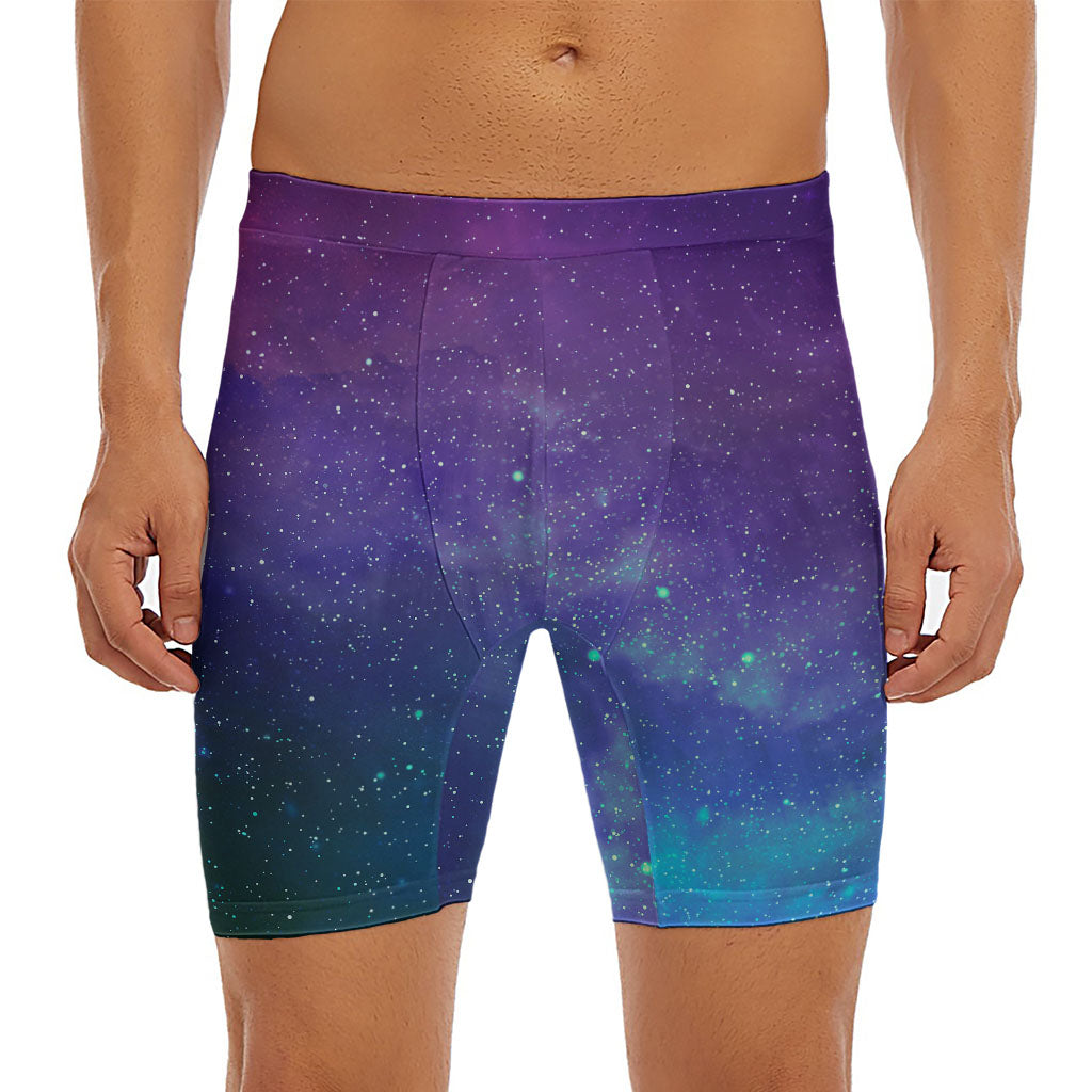 Purple Turquoise Galaxy Space Print Men's Long Boxer Briefs