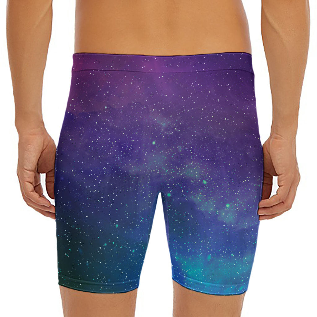 Purple Turquoise Galaxy Space Print Men's Long Boxer Briefs