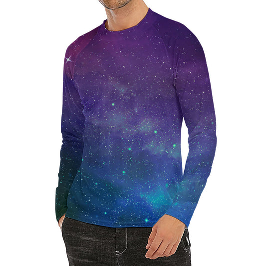 Purple Turquoise Galaxy Space Print Men's Long Sleeve Rash Guard
