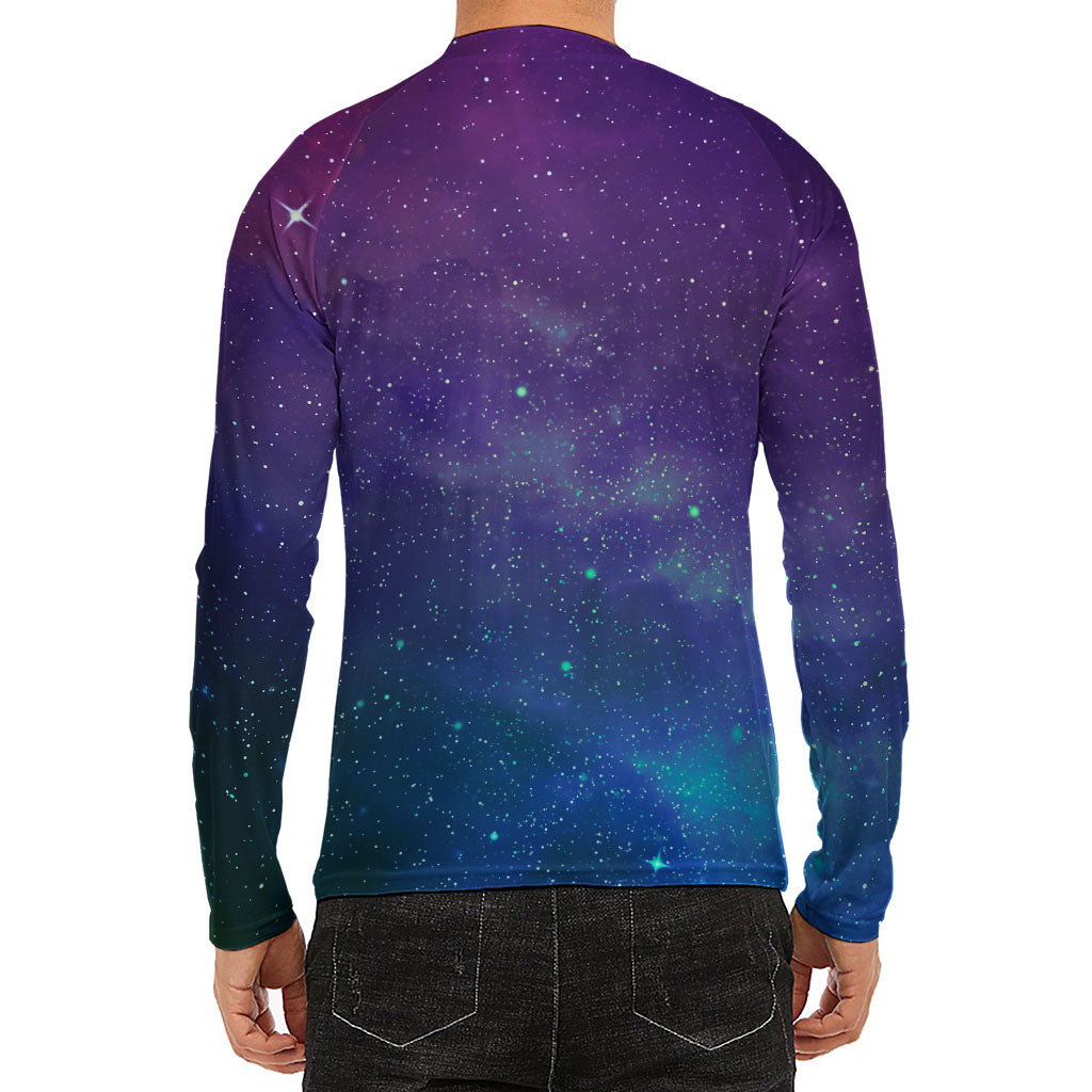 Purple Turquoise Galaxy Space Print Men's Long Sleeve Rash Guard