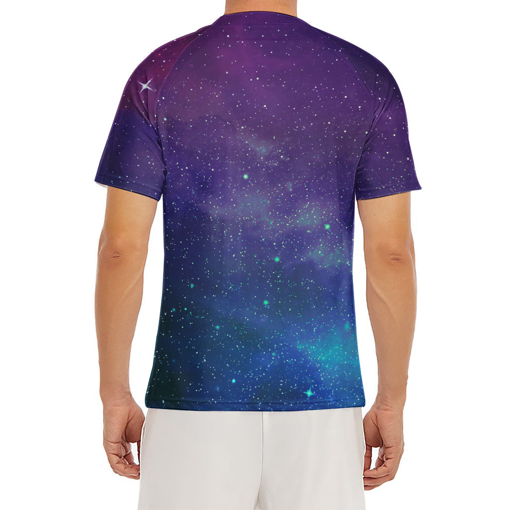 Purple Turquoise Galaxy Space Print Men's Short Sleeve Rash Guard