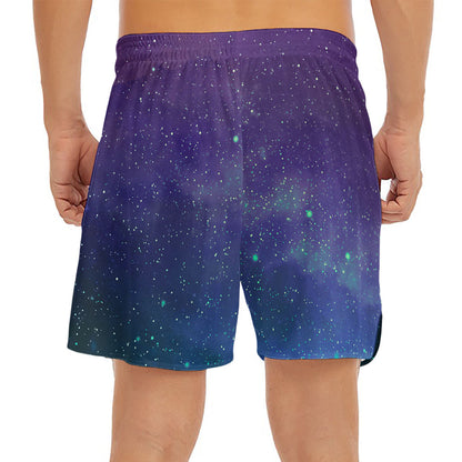 Purple Turquoise Galaxy Space Print Men's Split Running Shorts