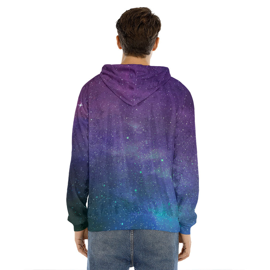 Purple Turquoise Galaxy Space Print Men's Velvet Pullover Hoodie