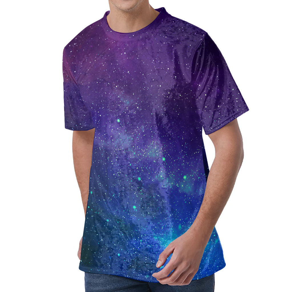 Purple Turquoise Galaxy Space Print Men's Velvet T-Shirt