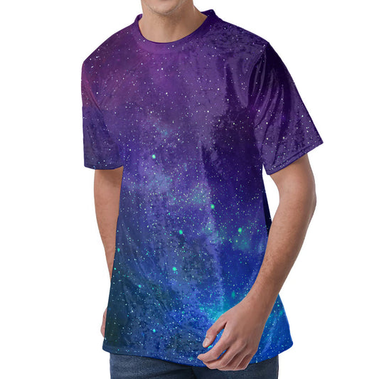 Purple Turquoise Galaxy Space Print Men's Velvet T-Shirt