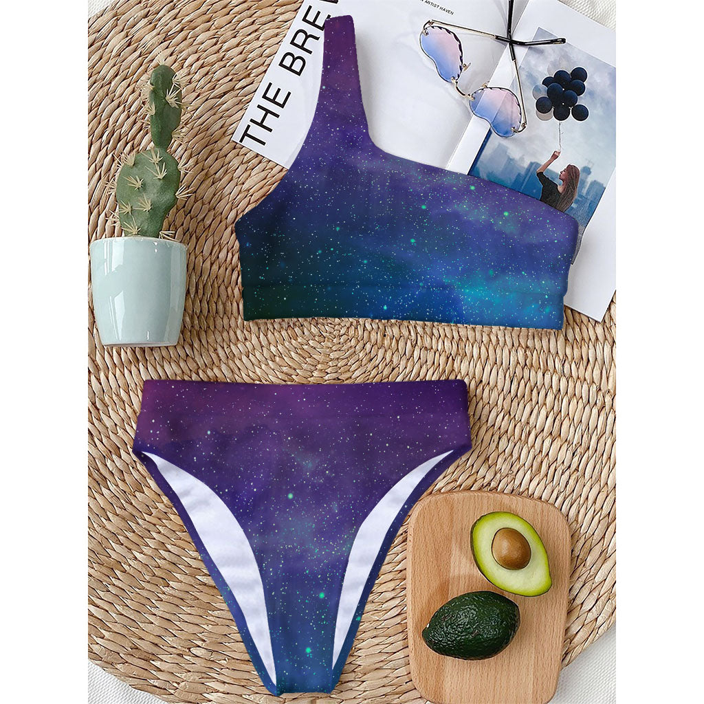 Purple Turquoise Galaxy Space Print One Shoulder Bikini Top