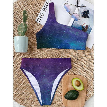 Purple Turquoise Galaxy Space Print One Shoulder Bikini Top