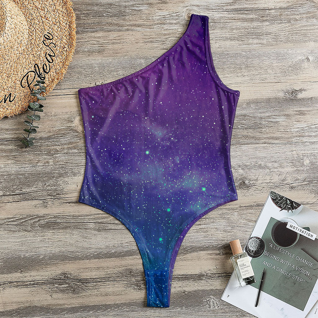 Purple Turquoise Galaxy Space Print One Shoulder Bodysuit