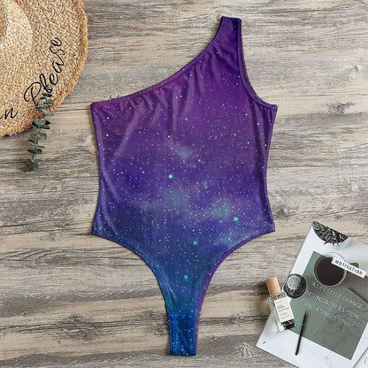 Purple Turquoise Galaxy Space Print One Shoulder Bodysuit