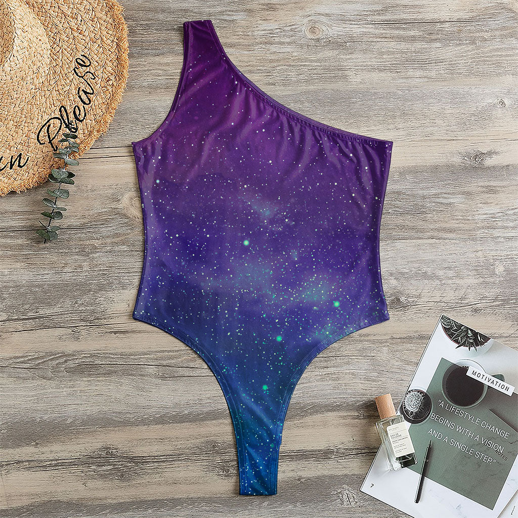 Purple Turquoise Galaxy Space Print One Shoulder Bodysuit