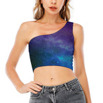 Purple Turquoise Galaxy Space Print One Shoulder Crop Top