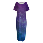 Purple Turquoise Galaxy Space Print Short Sleeve Long Nightdress