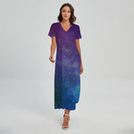 Purple Turquoise Galaxy Space Print Short Sleeve Maxi Dress