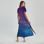 Purple Turquoise Galaxy Space Print Short Sleeve Maxi Dress