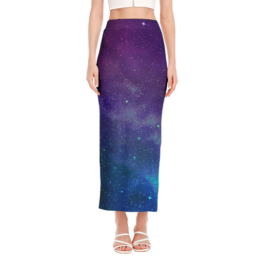Purple Turquoise Galaxy Space Print Side Slit Maxi Skirt