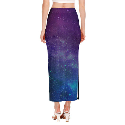 Purple Turquoise Galaxy Space Print Side Slit Maxi Skirt