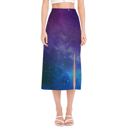 Purple Turquoise Galaxy Space Print Side Slit Midi Skirt