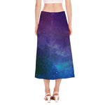 Purple Turquoise Galaxy Space Print Side Slit Midi Skirt