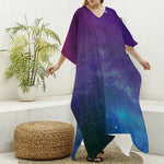 Purple Turquoise Galaxy Space Print Silk V-Neck Kaftan Dress