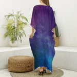 Purple Turquoise Galaxy Space Print Silk V-Neck Kaftan Dress