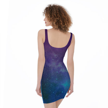 Purple Turquoise Galaxy Space Print Sleeveless Bodycon Dress