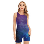 Purple Turquoise Galaxy Space Print Sleeveless One Piece Swimsuit