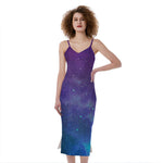 Purple Turquoise Galaxy Space Print Slim Fit Midi Cami Dress