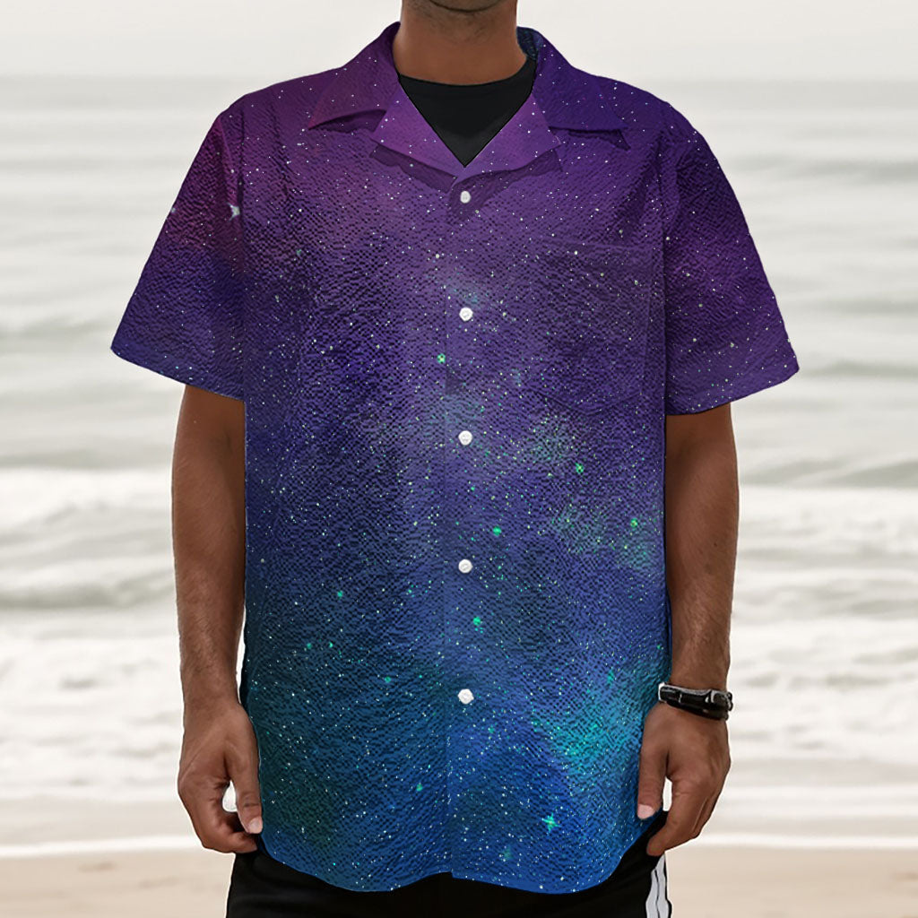 Purple Turquoise Galaxy Space Print Textured Short Sleeve Shirt