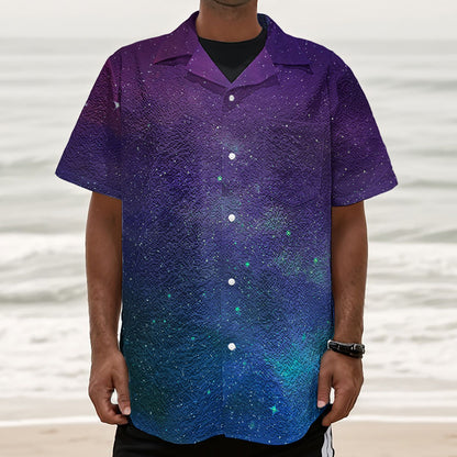 Purple Turquoise Galaxy Space Print Textured Short Sleeve Shirt