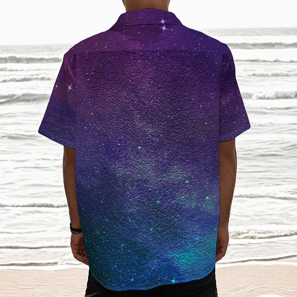 Purple Turquoise Galaxy Space Print Textured Short Sleeve Shirt
