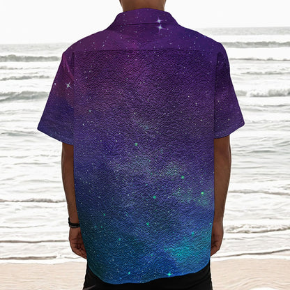 Purple Turquoise Galaxy Space Print Textured Short Sleeve Shirt