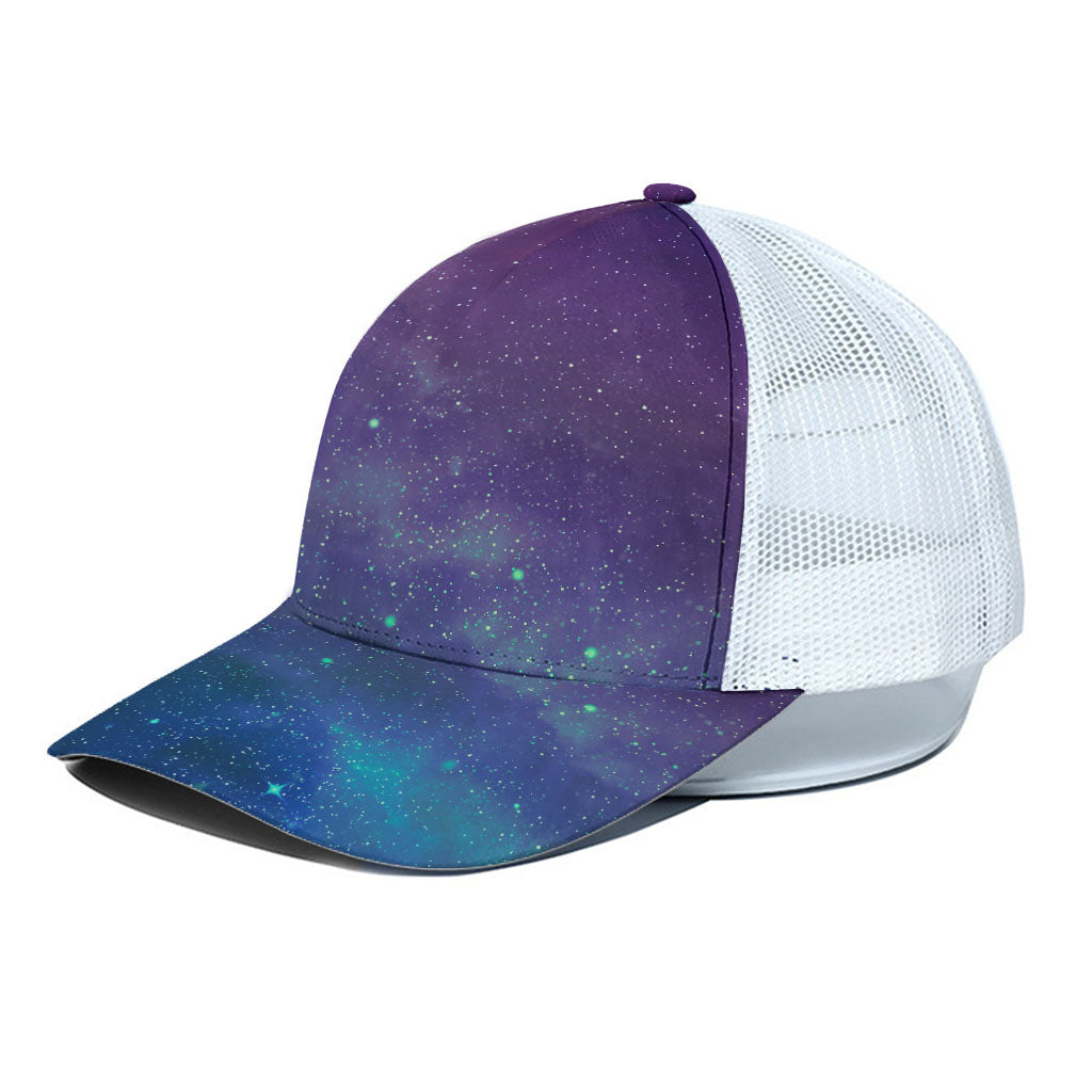 Purple Turquoise Galaxy Space Print White Mesh Trucker Cap