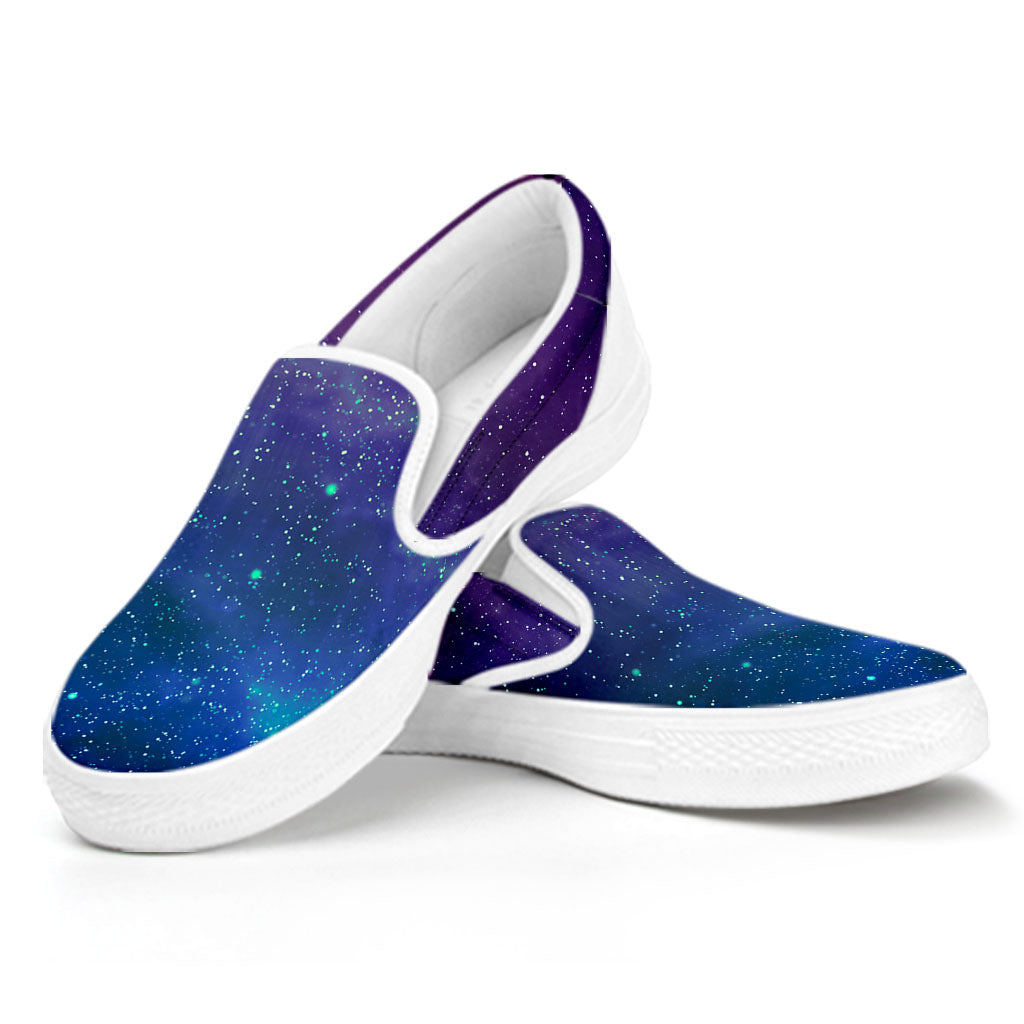 Purple Turquoise Galaxy Space Print White Slip On Sneakers