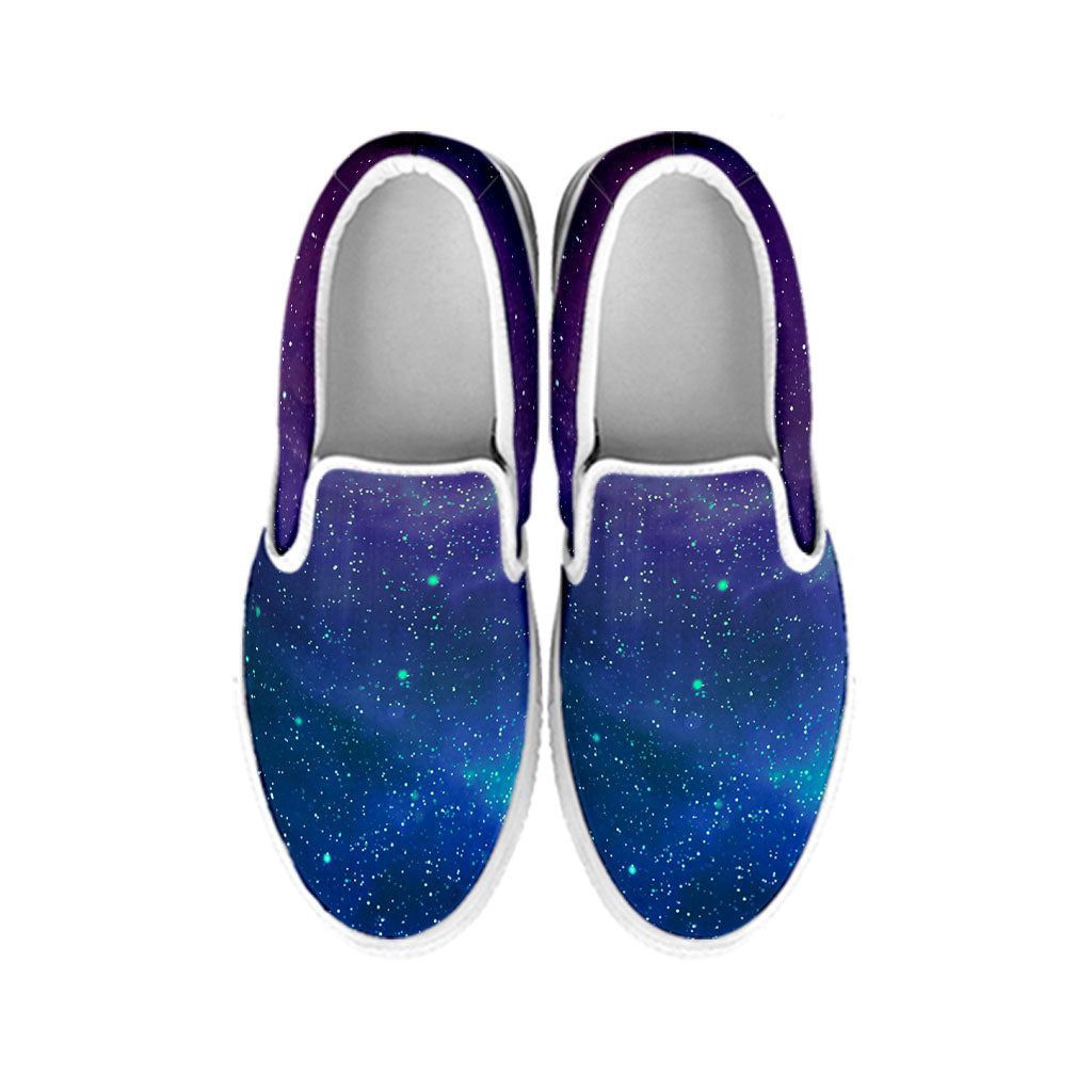 Purple Turquoise Galaxy Space Print White Slip On Sneakers
