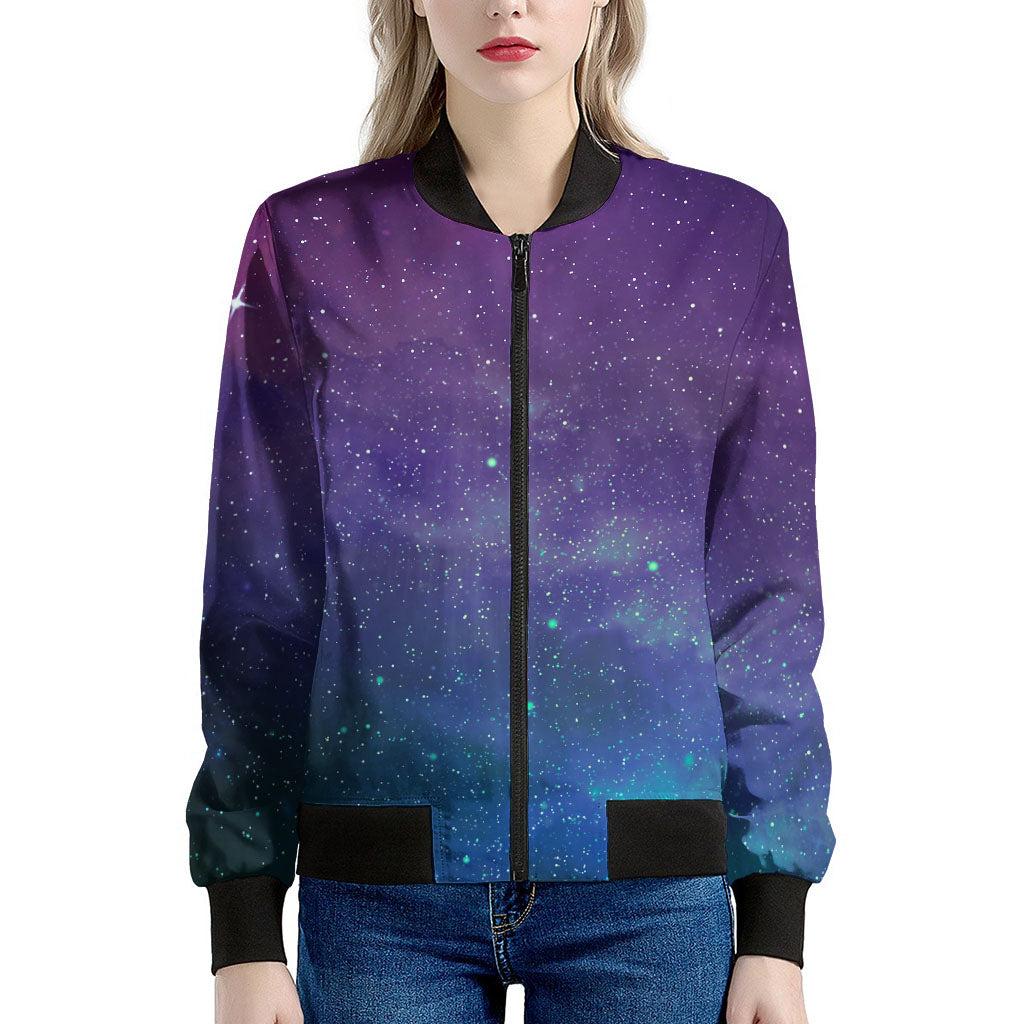 Purple Turquoise Galaxy Space Print Women's Bomber Jacket