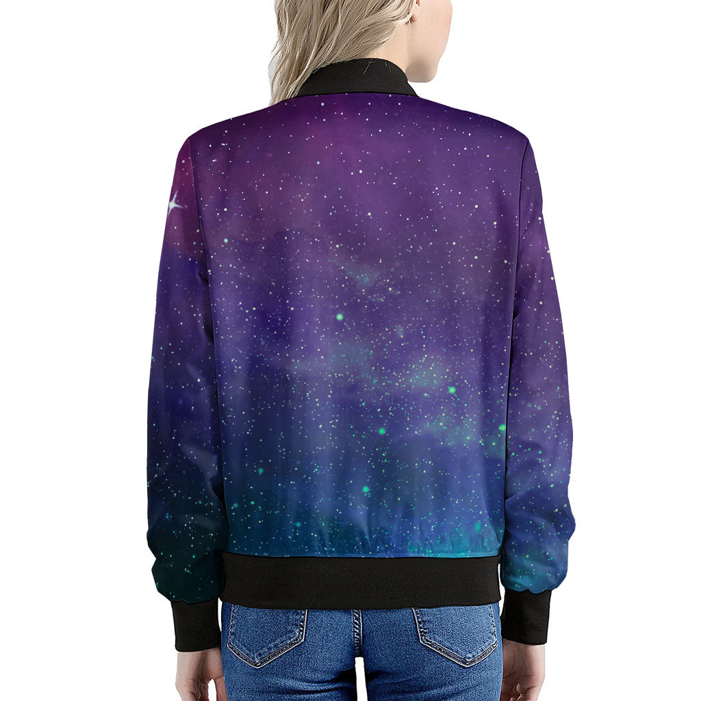 Purple Turquoise Galaxy Space Print Women's Bomber Jacket