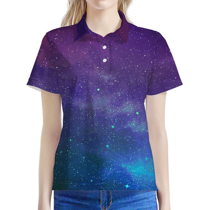 Purple Turquoise Galaxy Space Print Women's Polo Shirt
