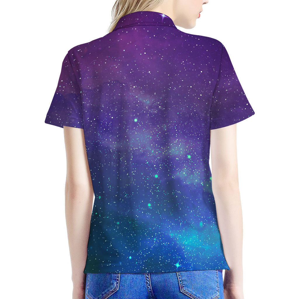 Purple Turquoise Galaxy Space Print Women's Polo Shirt