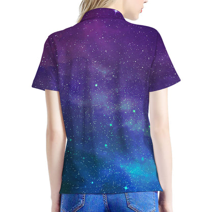 Purple Turquoise Galaxy Space Print Women's Polo Shirt