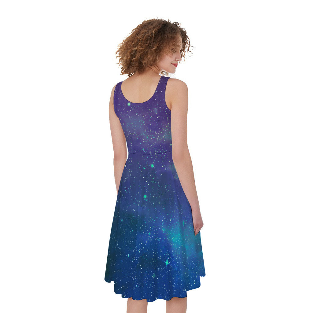 Purple Turquoise Galaxy Space Print Women's Sleeveless Dress