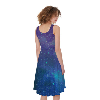Purple Turquoise Galaxy Space Print Women's Sleeveless Dress