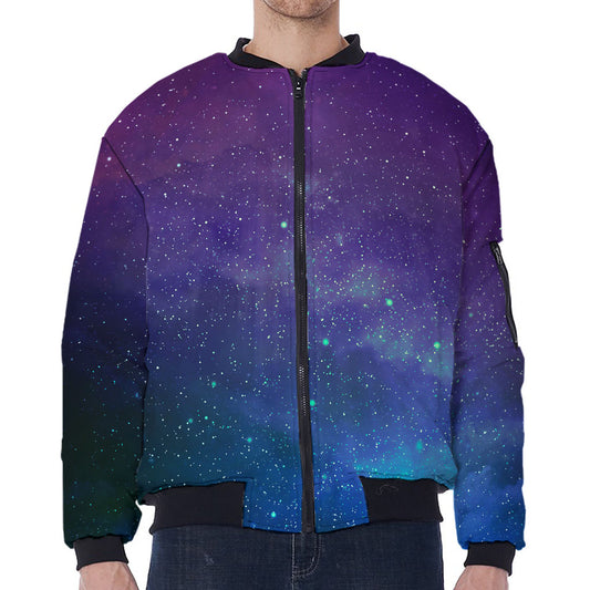 Purple Turquoise Galaxy Space Print Zip Sleeve Bomber Jacket