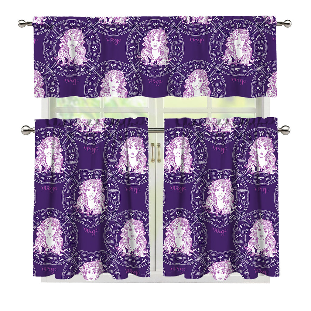 Purple Virgo Zodiac Pattern Print 3 Piece Kitchen Curtains