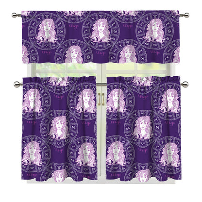 Purple Virgo Zodiac Pattern Print 3 Piece Kitchen Curtains