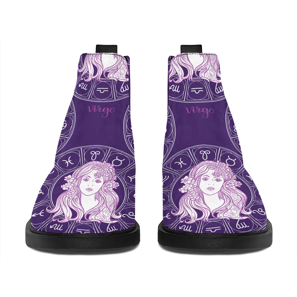 Purple Virgo Zodiac Pattern Print Flat Ankle Boots