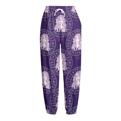 Purple Virgo Zodiac Pattern Print Fleece Lined Knit Pants