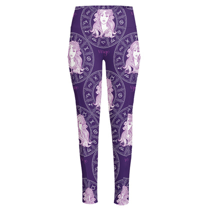 Purple Virgo Zodiac Pattern Print High-Waisted Pocket Leggings